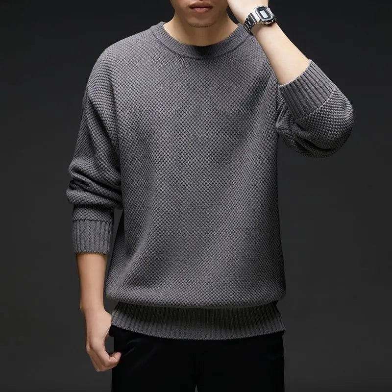 Herren Strukturierter Pullover Rundhals Grau Langarm Strickpullover