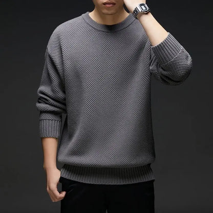 Herren Strukturierter Pullover Rundhals Grau Langarm Strickpullover
