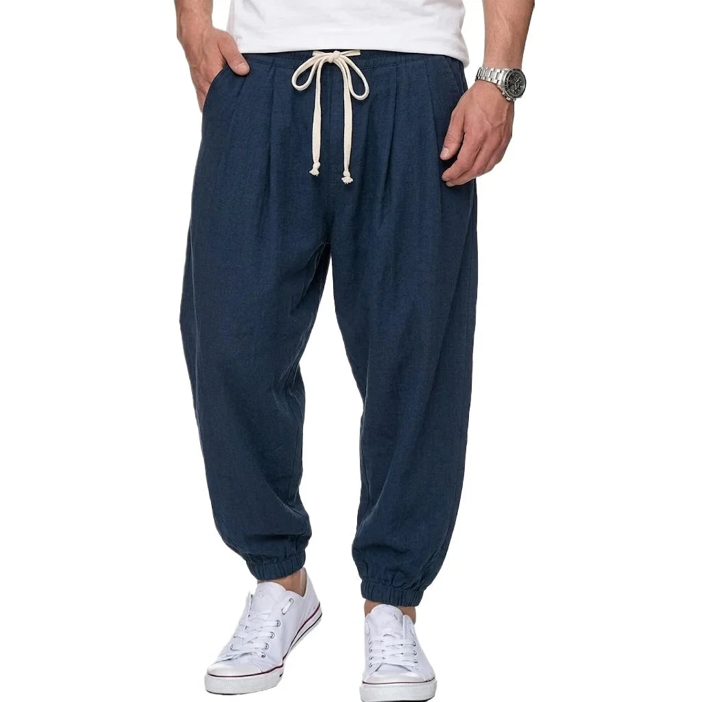 Freizeithose Herren Leinen-Optik Kordelzug lockere Passform Elastikbund