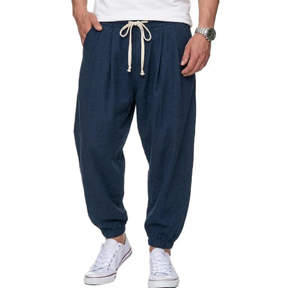 Freizeithose Herren Leinen-Optik Kordelzug lockere Passform Elastikbund