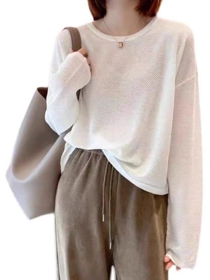 Damen Langarmshirt Rundhals Strukturmuster Lockerer Schnitt