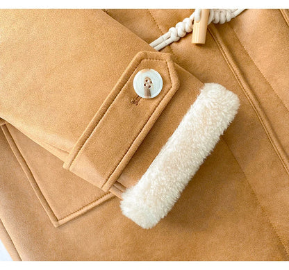Damen Dufflecoat mit Kapuze und Plüschfutter, Karamellbraun