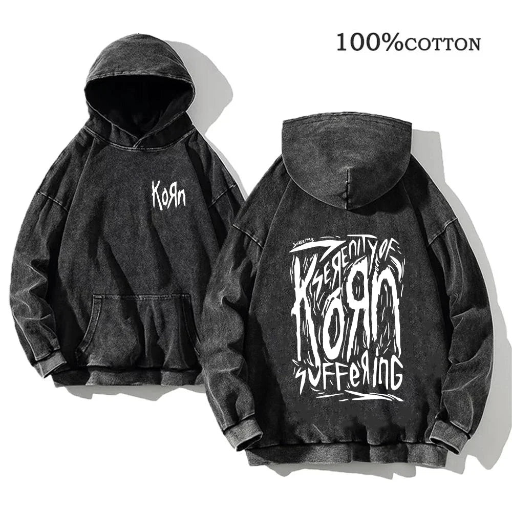 Unisex Kapuzenpullover Grau verwaschen mit Band-Print Vorn & Hinten