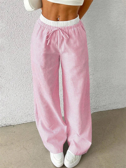 Damen Weite Hose mit Streifenmuster, Hohem Bund und Kordelzug – Lange Palazzo Hose