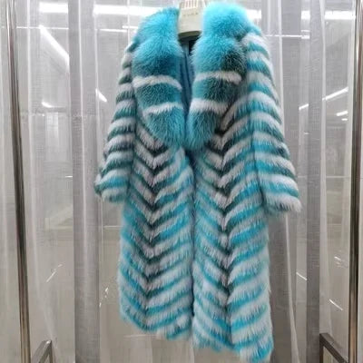 Damen Langer Mantel aus Kunstfell mit Chevron-Muster und Kragen