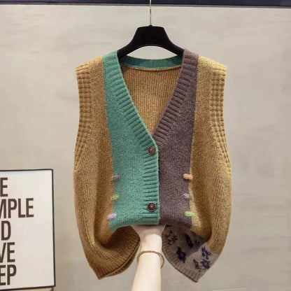 Damen Strickweste V-Ausschnitt Farbmix Knopfleiste Ärmellos