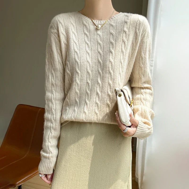 Damen Strickpullover Zopfmuster Rundhals Langarm