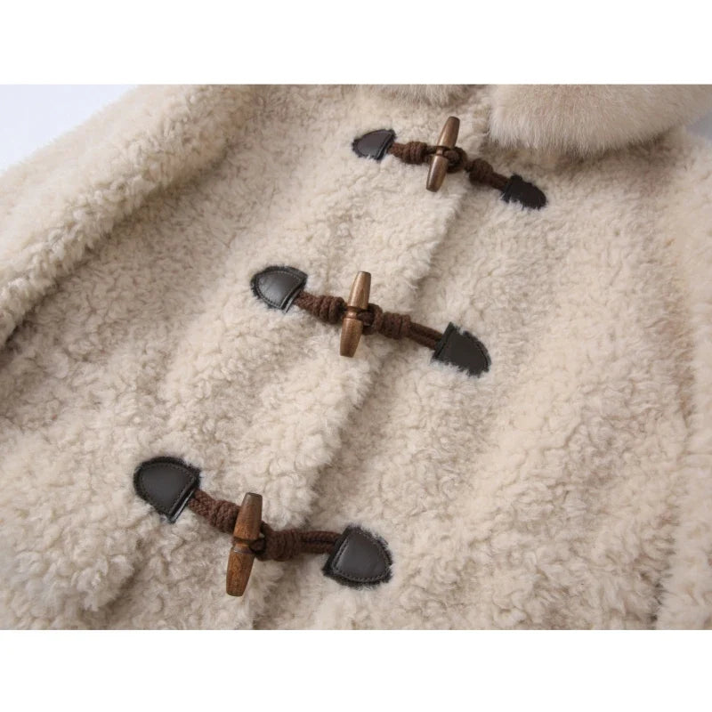 Damen Dufflecoat im Teddy-Look mit Kapuze und Fellkragen Beige
