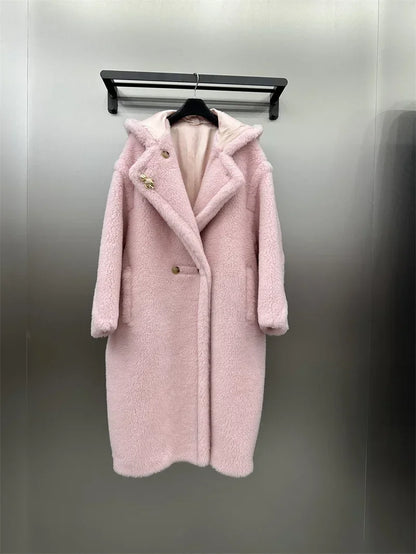 Damen Teddyfell Mantel lang mit Kapuze und Handschuhen