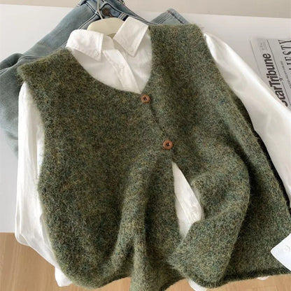 Damen Strickweste mit V-Ausschnitt und Holzknöpfen