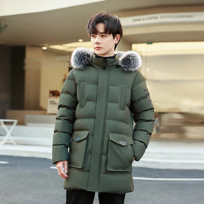 Herren Winterparka mit Kapuze Kunstfellbesatz Steppjacke Lang Warme Outdoormantel