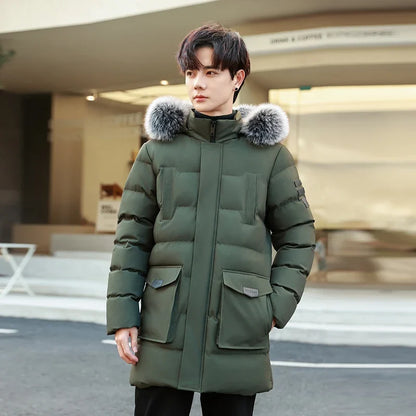 Herren Winterparka mit Kapuze Kunstfellbesatz Steppjacke Lang Warme Outdoormantel