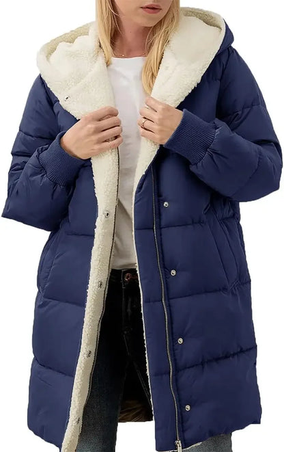 Damen Langer Steppmantel mit Kapuze Gefüttert Winter Jacke