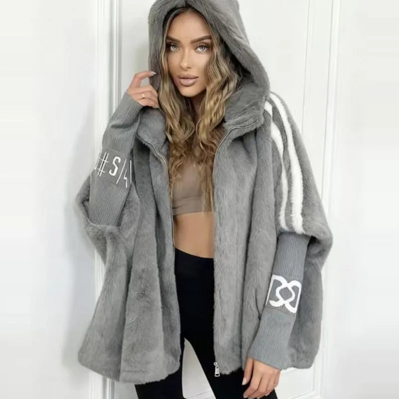 Damen Hoodie Jacke Plüsch Optik mit Strickärmeln und Reißverschluss