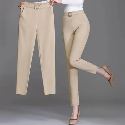 Damen Stoffhose Weiß mit Zierschnalle Hochwasser Slim Fit