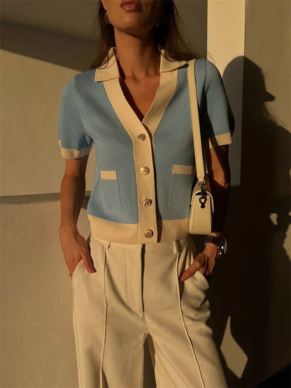 Kurzärmeliger Damen Cardigan mit Kragen & Taschen, Hellblau/Creme