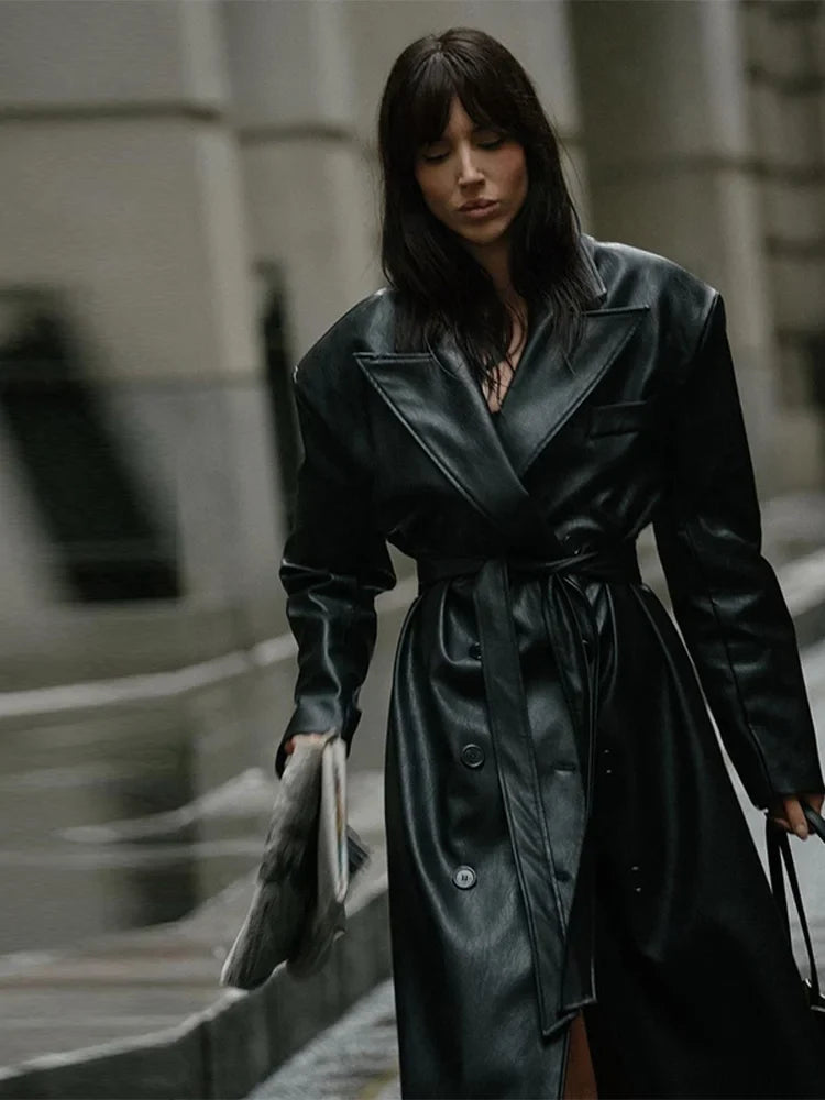 Trenchcoat Damen Lang Kunstleder Glänzend mit Gürtel
