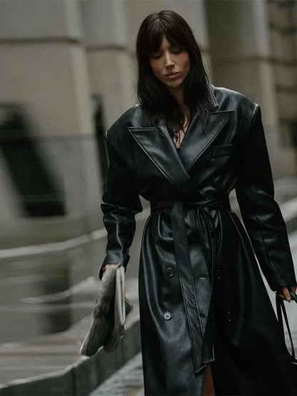 Trenchcoat Damen Lang Kunstleder Glänzend mit Gürtel