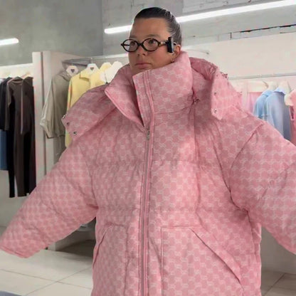 Damen Oversize Steppjacke Gemustert mit Kapuze