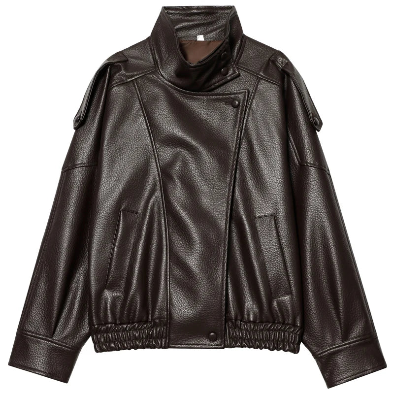 Damen Jacke im Leder-Look mit Stehkragen und asymmetrischem Verschluss
