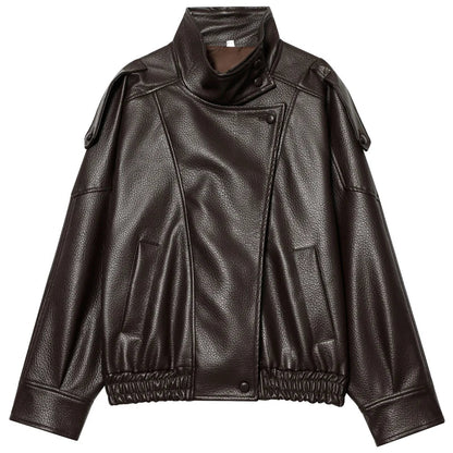 Damen Jacke im Leder-Look mit Stehkragen und asymmetrischem Verschluss