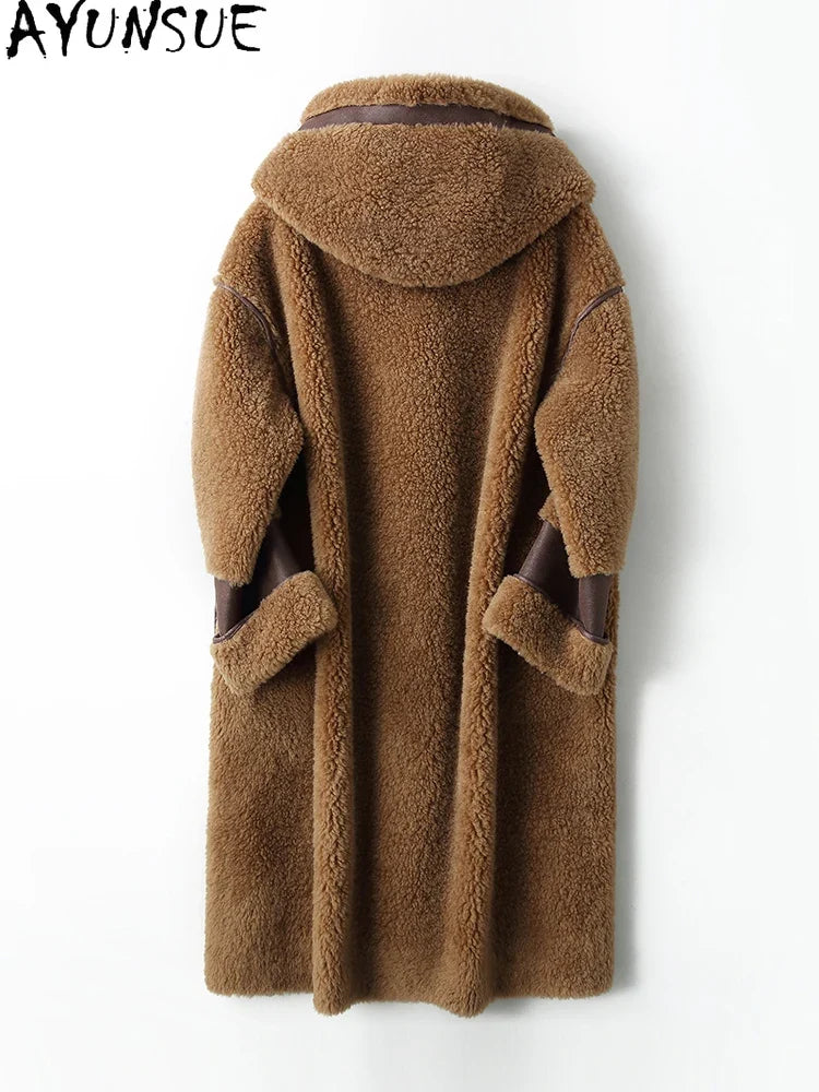 Damen Teddy Mantel mit Kapuze, Lang, Braun
