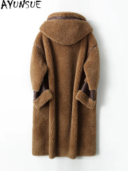 Damen Teddy Mantel mit Kapuze, Lang, Braun