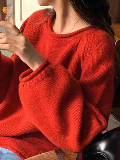 Damen Strickpullover Rundhals Oversize Raglanärmel