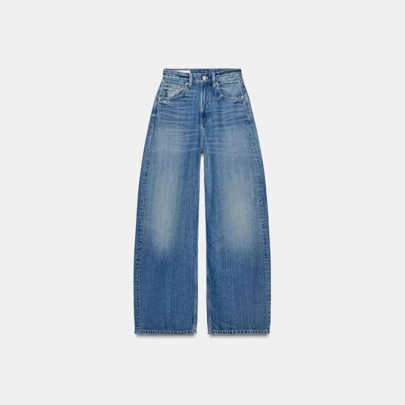 Jeans Wide Leg Blau mit braunen Taschen am Gesäß