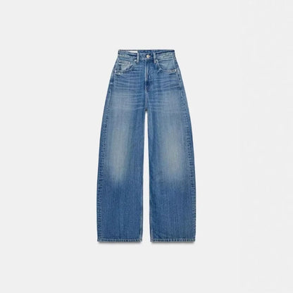 Jeans Wide Leg Blau mit braunen Taschen am Gesäß