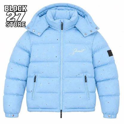 Unisex Pufferjacke mit Kapuze Hellblau Sprenkel-Muster