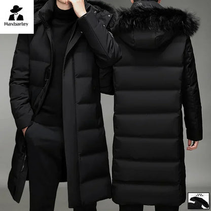 Herren Winter Steppmantel Lang Kapuze Pelzimitat Schwarz