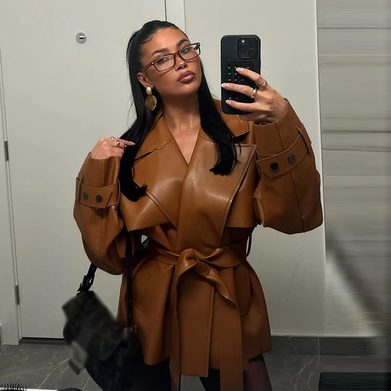 Damen Kurzjacke mit Bindegürtel und Reverskragen