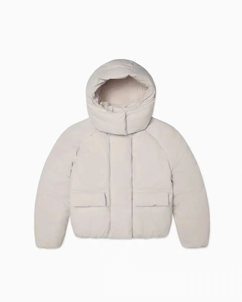 Kurze Damen Pufferjacke mit Kapuze und Taschen, Beige