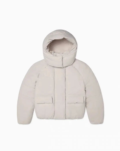 Kurze Damen Pufferjacke mit Kapuze und Taschen, Beige