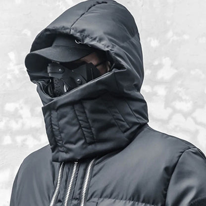 Unisex Langer Steppmantel Schwarz mit Kapuze Reißverschlüssen Winter