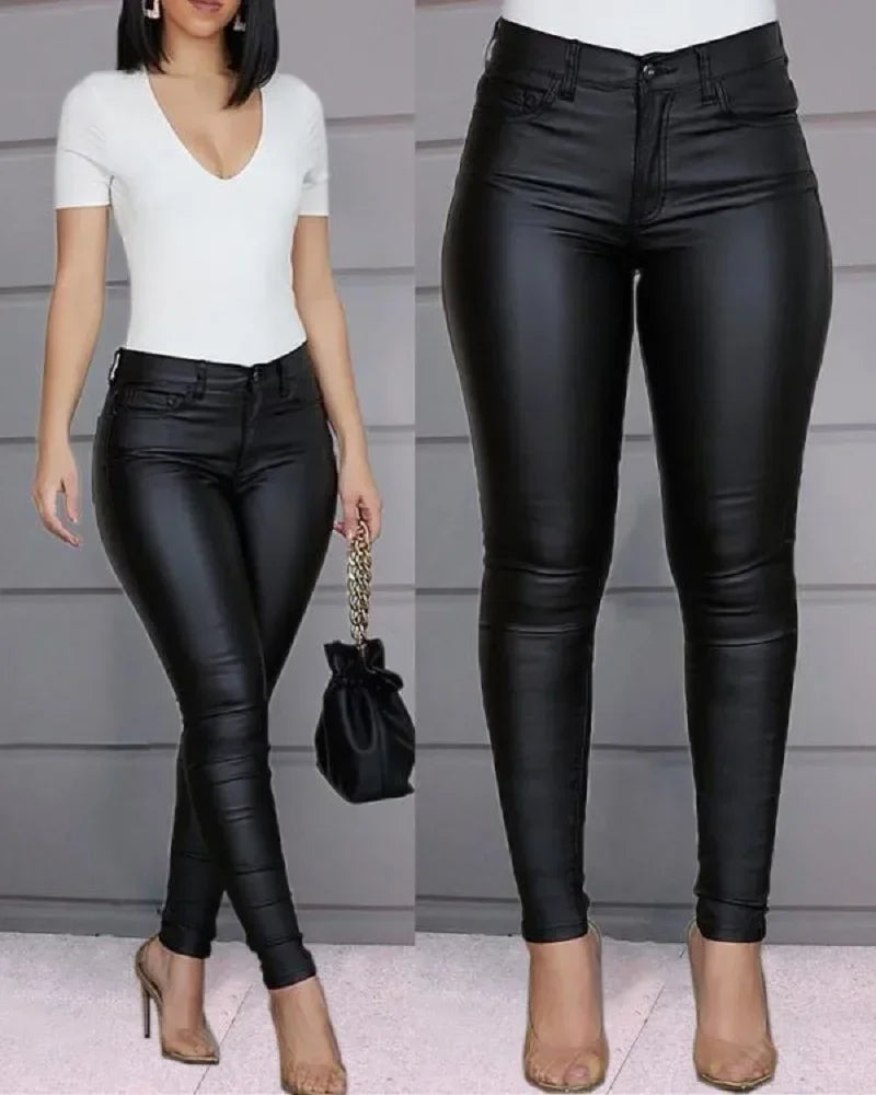 Damen Skinny Hose Glänzende Optik Kunstleder Slim Fit