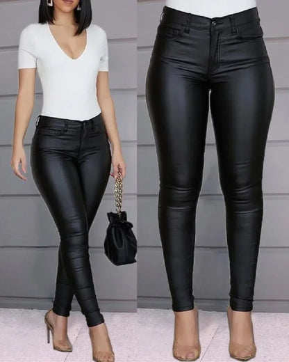 Damen Skinny Hose Glänzende Optik Kunstleder Slim Fit