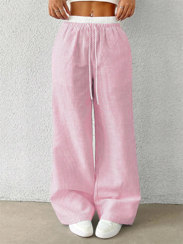 Damen Weite Hose mit Streifenmuster, Hohem Bund und Kordelzug – Lange Palazzo Hose