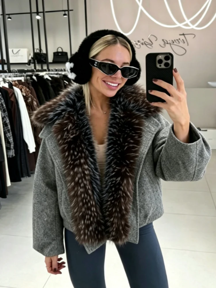 Damen Kurzjacke mit großem Fellkragen Reißverschluss Winter