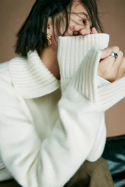 Damen Rollkragenpullover mit Reißverschluss Strickpullover Oversize Pullover Grau Weiß