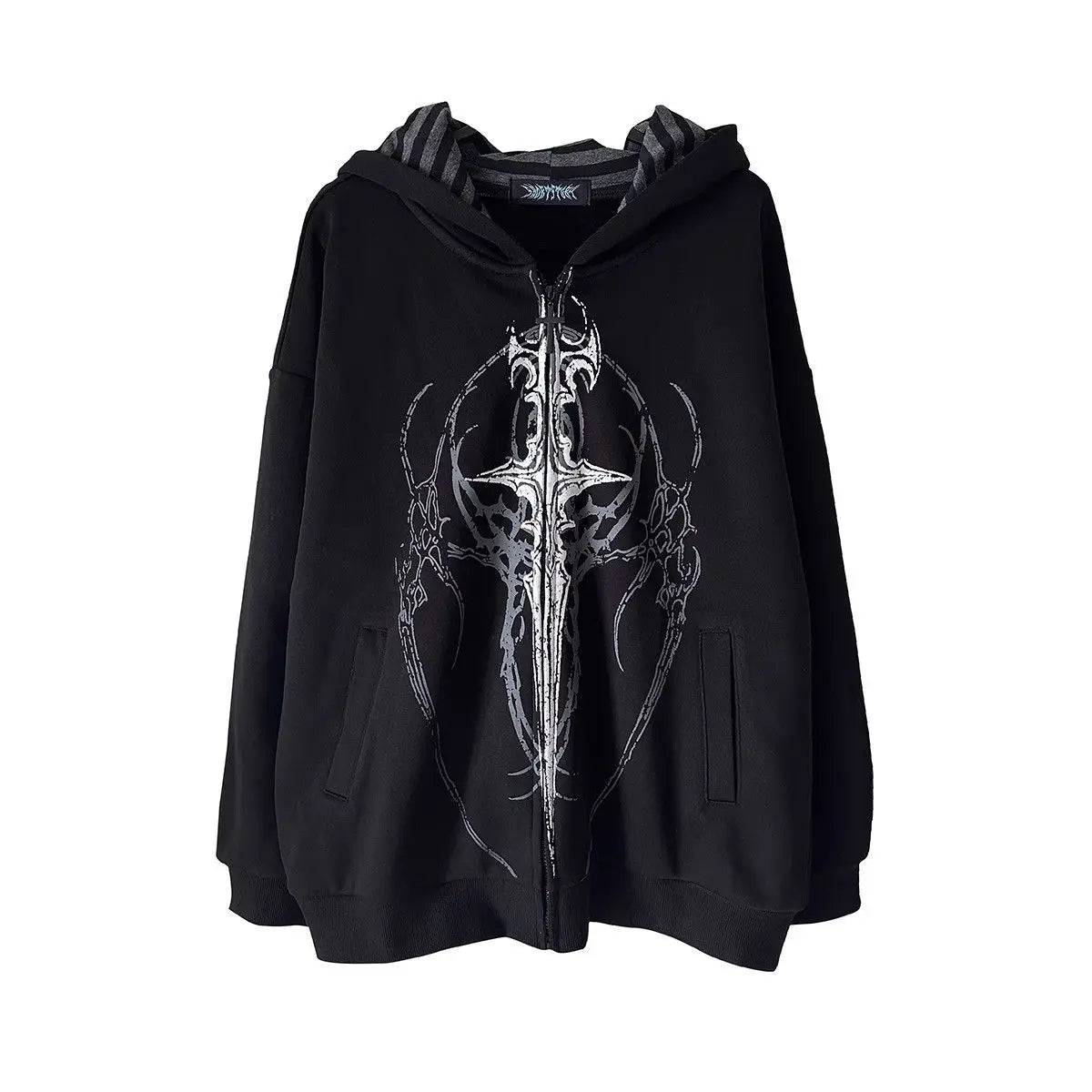Übergroßer Kapuzenpullover mit Reißverschluss, grafischem Print und gestreiftem Futter, Unisex