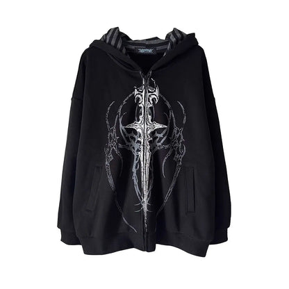 Übergroßer Kapuzenpullover mit Reißverschluss, grafischem Print und gestreiftem Futter, Unisex