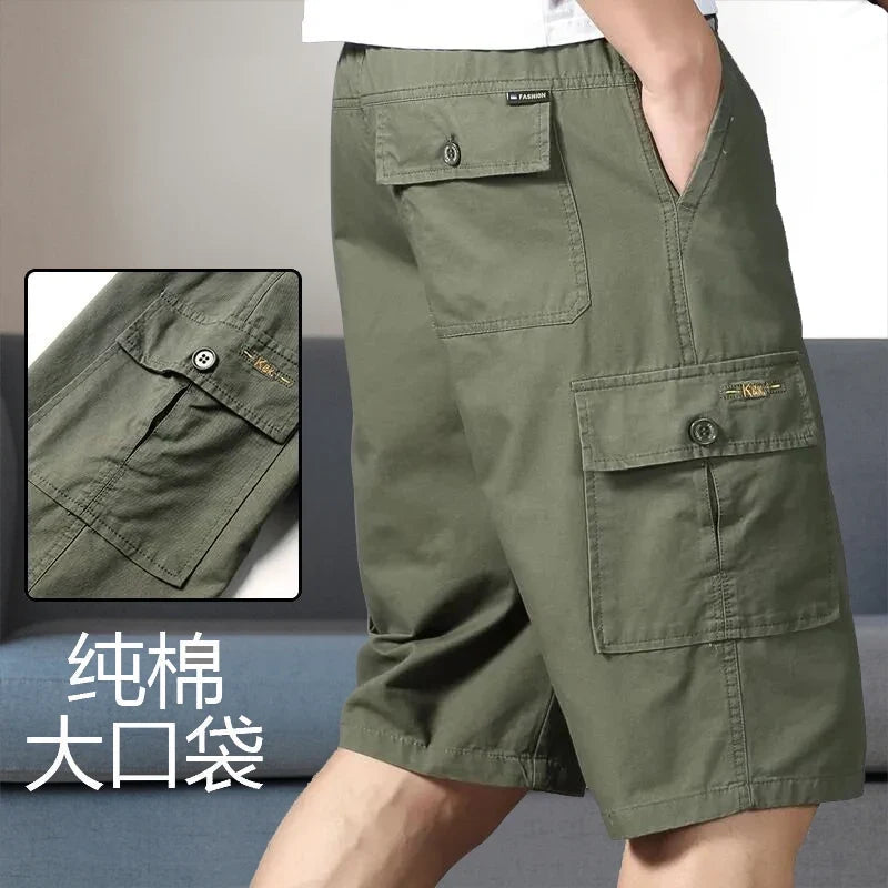 Herren Cargo Shorts Capri Hose Bermuda mit elastischem Bund & Taschen