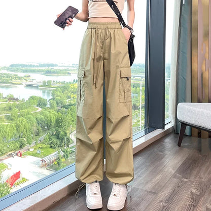 Damen Cargo Hose weites Bein elastischer Bund Kordelzug