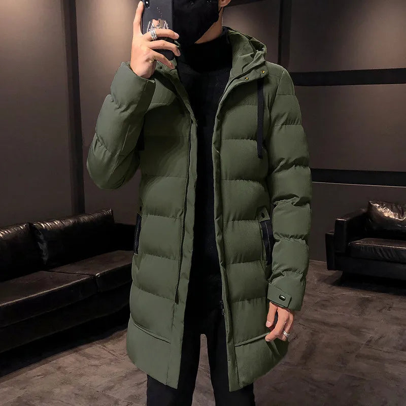 Herren Langer Winter Steppmantel mit Kapuze – Warm gefüttert