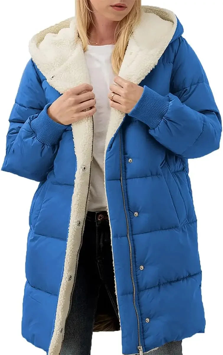Damen Langer Steppmantel mit Kapuze Gefüttert Winter Jacke