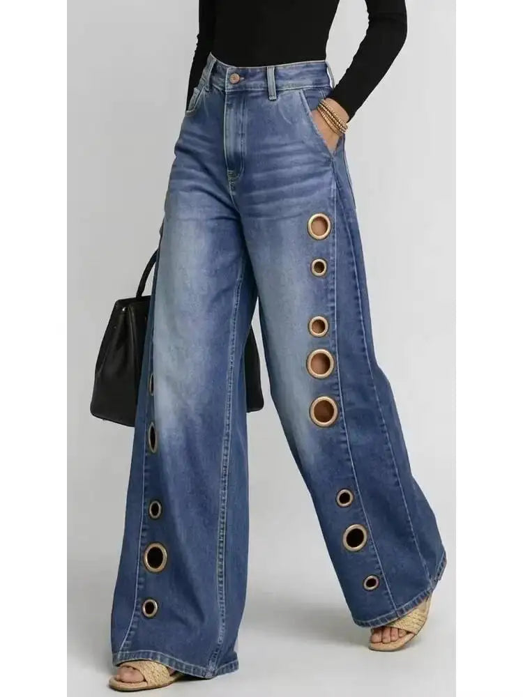 Damen Weite Jeans Hose mit Ösen Details und Hohem Bund