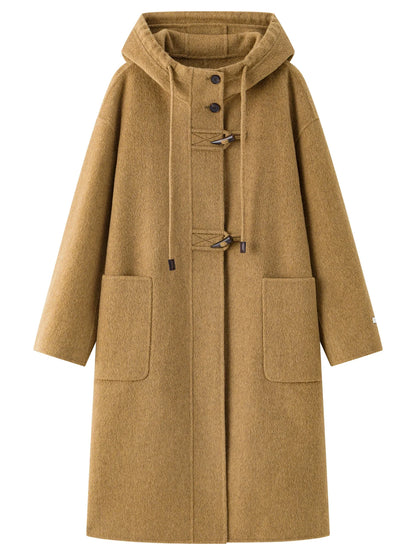 Damen Dufflecoat Langer Wintermantel mit Kapuze und Knebelverschlüssen