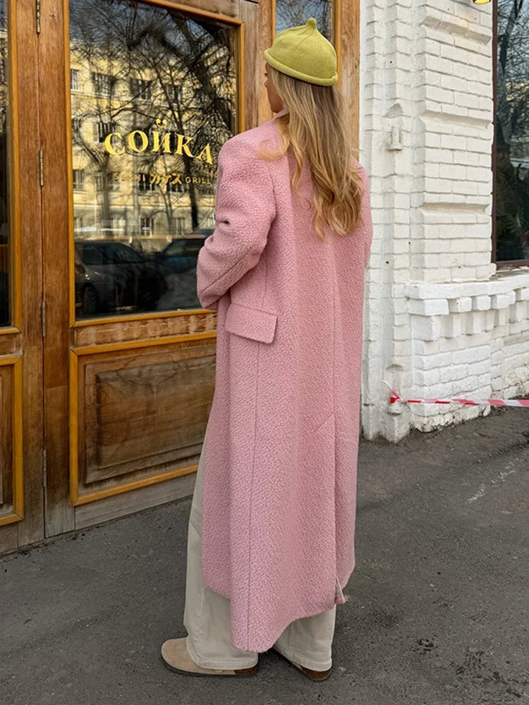 Damen Langer Mantel Doppelreiher mit Reverskragen in Rosa